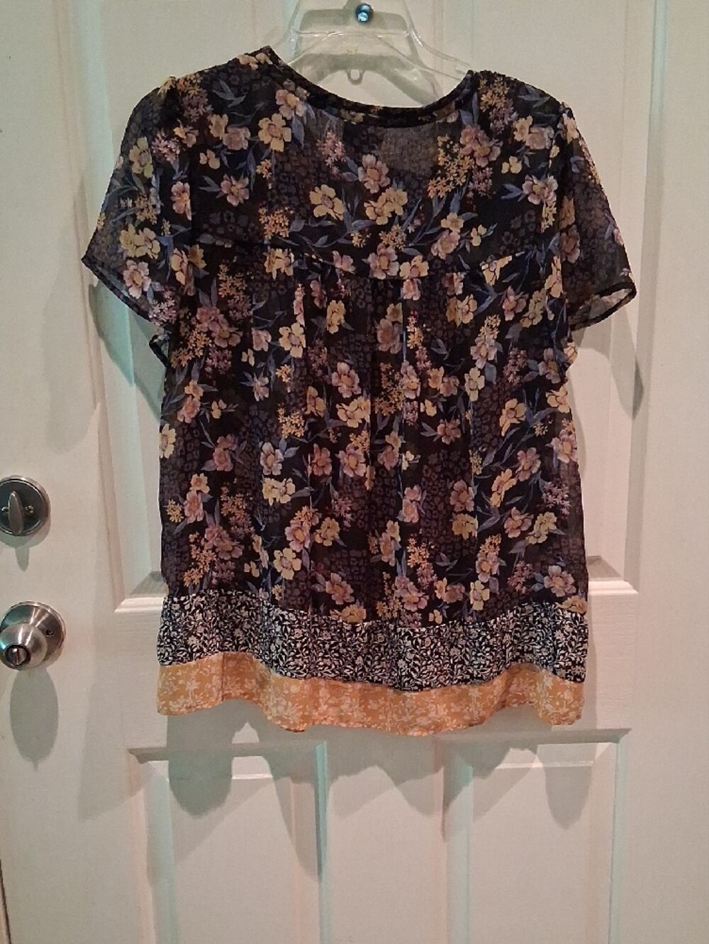 Knox Rose Black Floral Smocked Short Sleeve Blouse with Yellow Trim - Picture 7 of 11